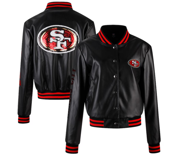 Women's NFL Cuce Black Vegan Leather Full-Snap Sequin Jacket