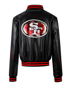 Women's NFL Cuce Black Vegan Leather Full-Snap Sequin Jacket