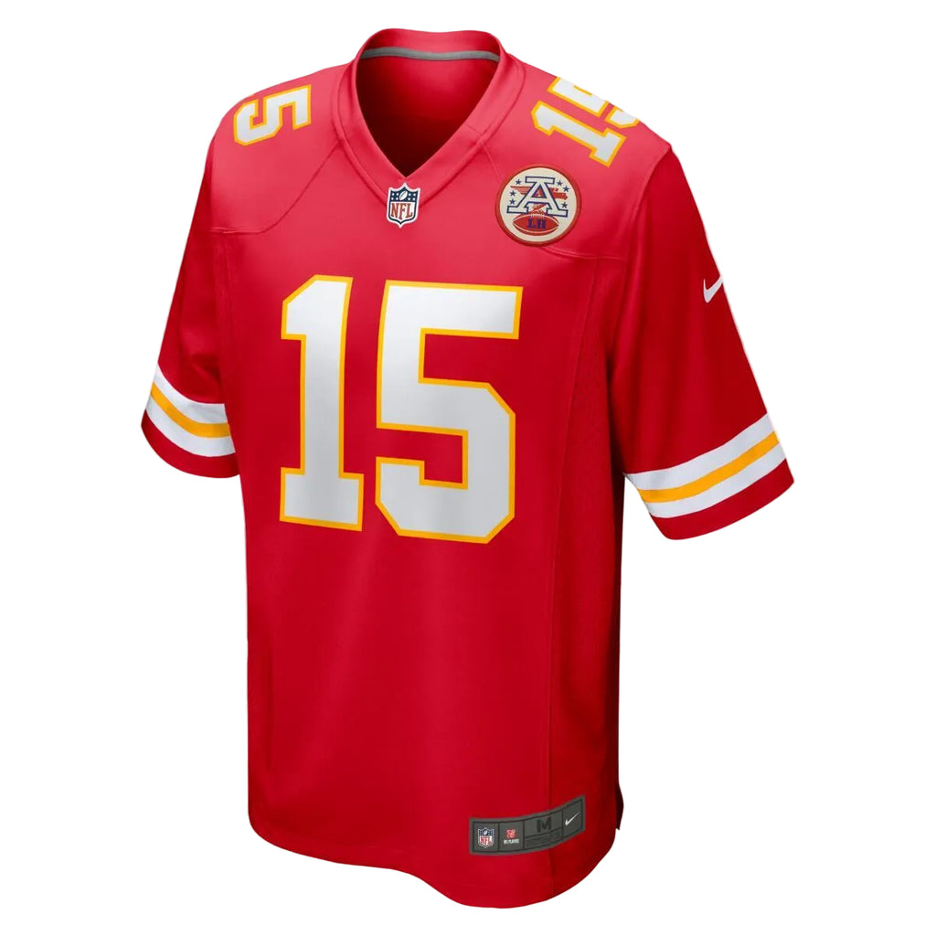 A red Kansas City Chiefs NFL jersey featuring the number 15 in white with a yellow outline on the front, with additional team numbering and logos on the shoulders and chest, shown against a gray and white checkered background.