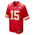 A red Kansas City Chiefs NFL jersey featuring the number 15 in white with a yellow outline on the front, with additional team numbering and logos on the shoulders and chest, shown against a gray and white checkered background.