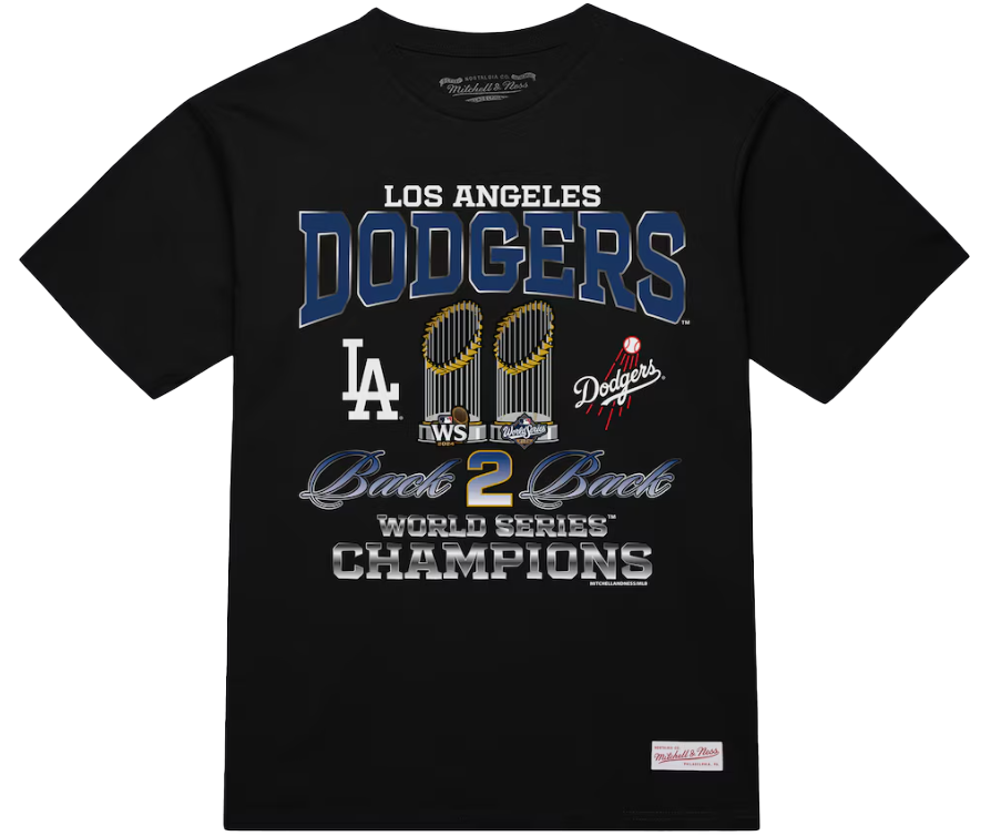 MLB Los Angeles Dodgers Mitchell and Ness Back 2 Back Trophies Classic T-Shirt Black