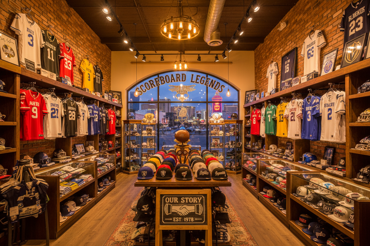 Interior of the Uniform Sport hat shop with shelves of caps